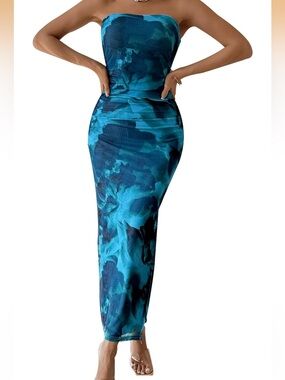 Blue Teal Floral Bodycon Maxi Dress